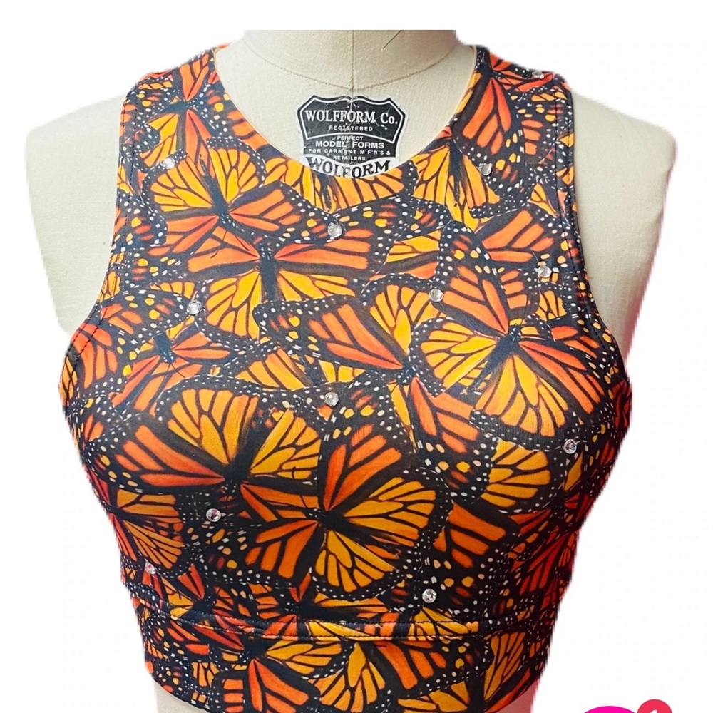 Gorgeous rhinestone encrusted monarch butterfly crop top for exercise and more.